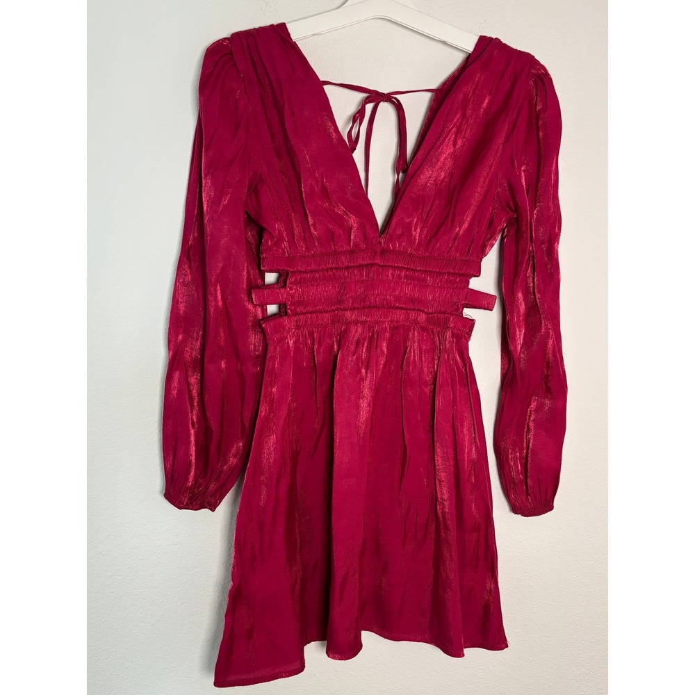Heart & Heels Fuchsia Shimmer Cut Out Mini Dress Long Sleeve V-Neck M S179X227